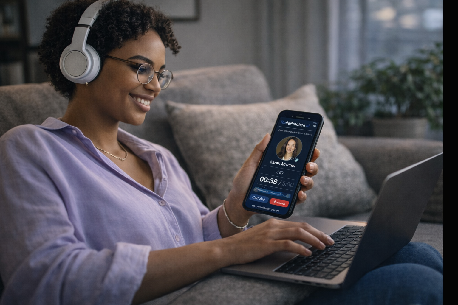 Sales professional practicing with AI-powered roleplay training